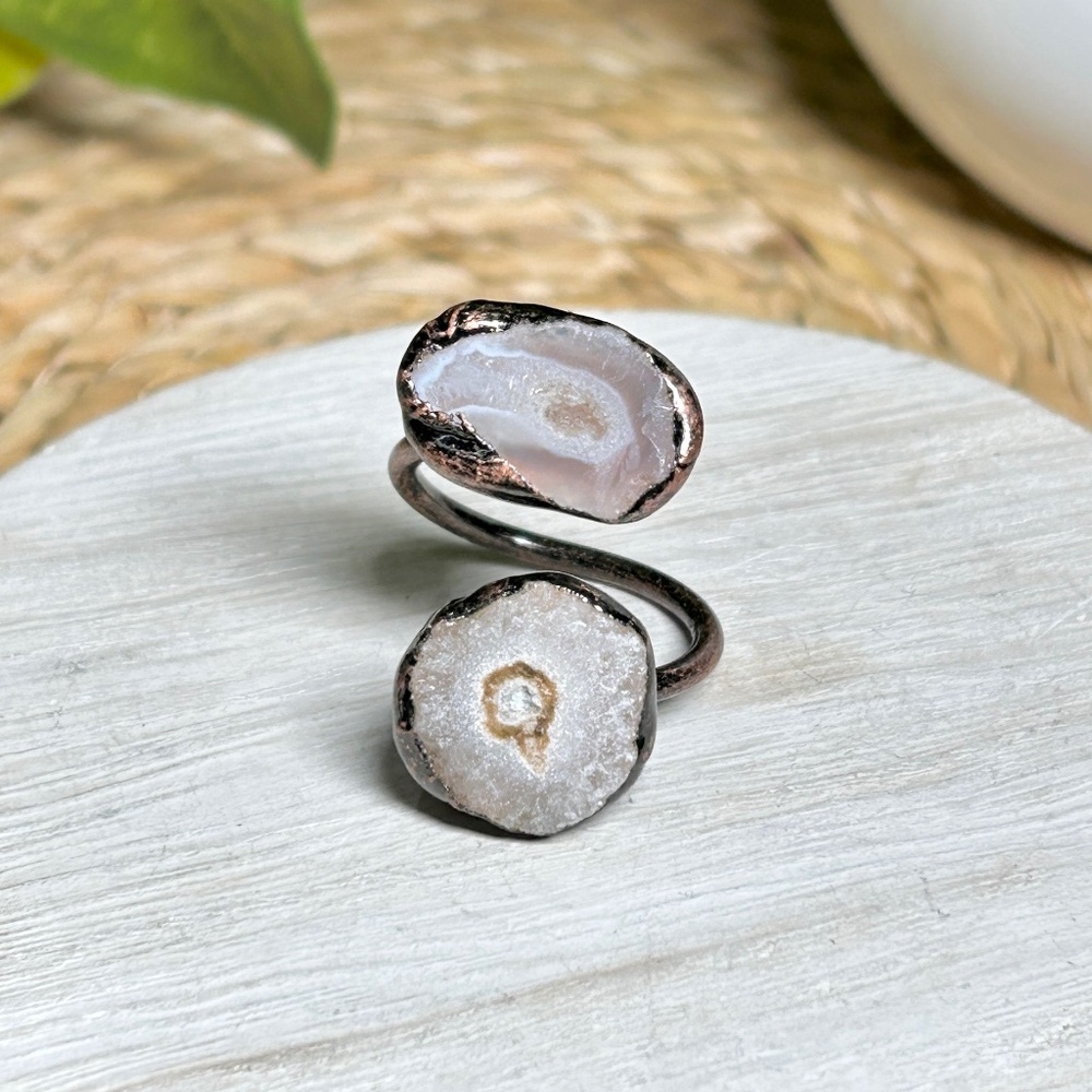 Handcrafted Pink Druzy Adjustable Ring in Antique Copper